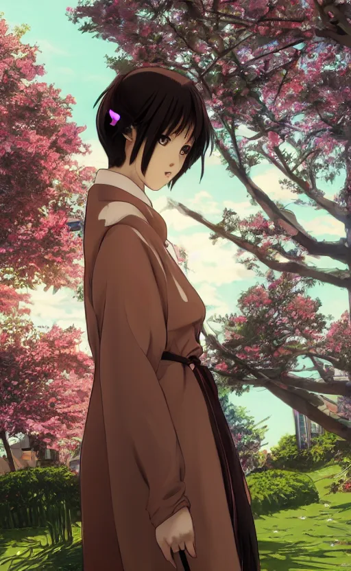 Image similar to anime style, gta 5, portrait of girl, yukata clothing, sakura tree in background, brown short hair, hair down, symmetrical facial features, from arknights, hyper realistic, shoulder eyes, extreme detail, 4 k drawing, safebooru, realistic lighting, by alphonse mucha, greg rutkowski, sharp focus, backlit