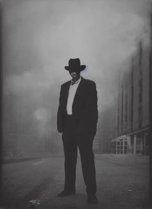 Image similar to mysterious man in suit and hat covered in smoke, standing in the middle of a big metropolis, sunset, polaroid photo