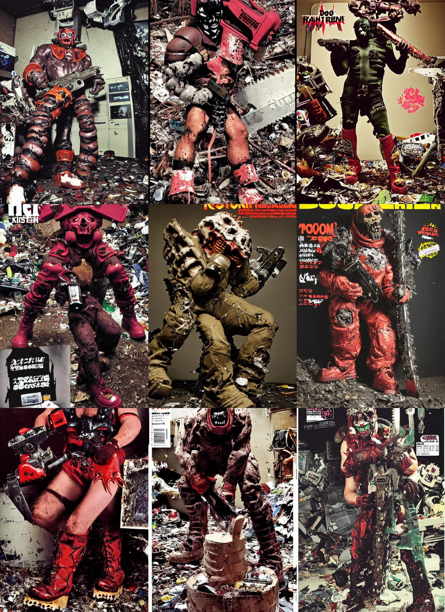 Prompt: photo of Doom marine with chainsaw wearing ripped up dirty Swear kiss monster teeth yeti platform boots in the style of Ryan Trecartin in the style of 1990's FRUiTS magazine 20471120 in japan in a dirty dark dark dark poorly lit bedroom full of trash and garbage server racks and cables everywhere in the style of Juergen Teller in the style of Shoichi Aoki, japanese street fashion, KEROUAC magazine, Walter Van Beirendonck W&LT 1990's, Vivienne Westwood, y2K aesthetic