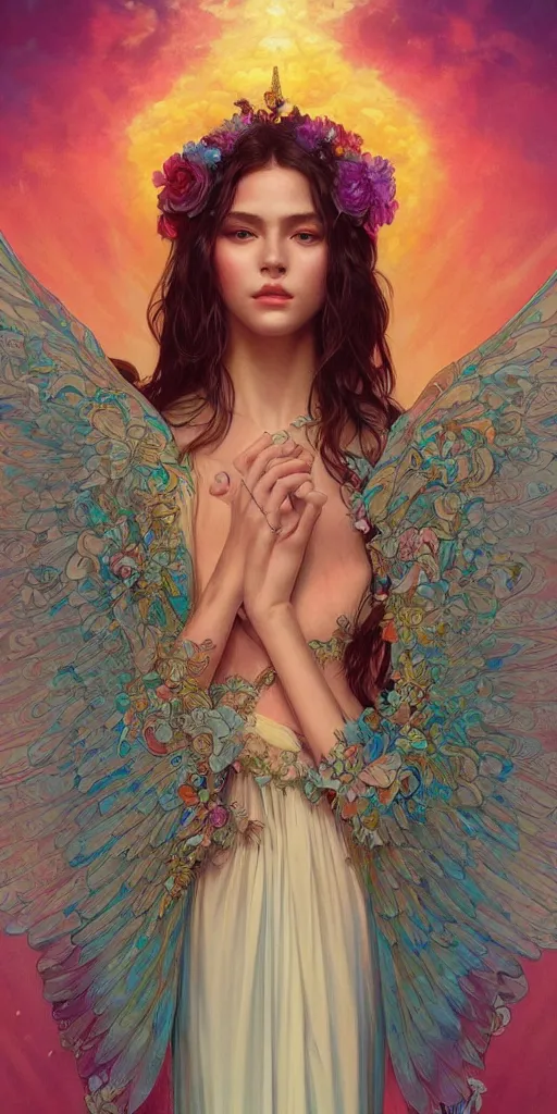 Image similar to beautiful, young woman, sad eyes, tears running down, vaporwave aesthetic, synthwave, colorful, psychedelic, long gown, ornate, intricate, angelic wings, digital painting, artstation, concept art, smooth, sharp focus, illustration, art by artgerm and greg rutkowski and alphonse mucha