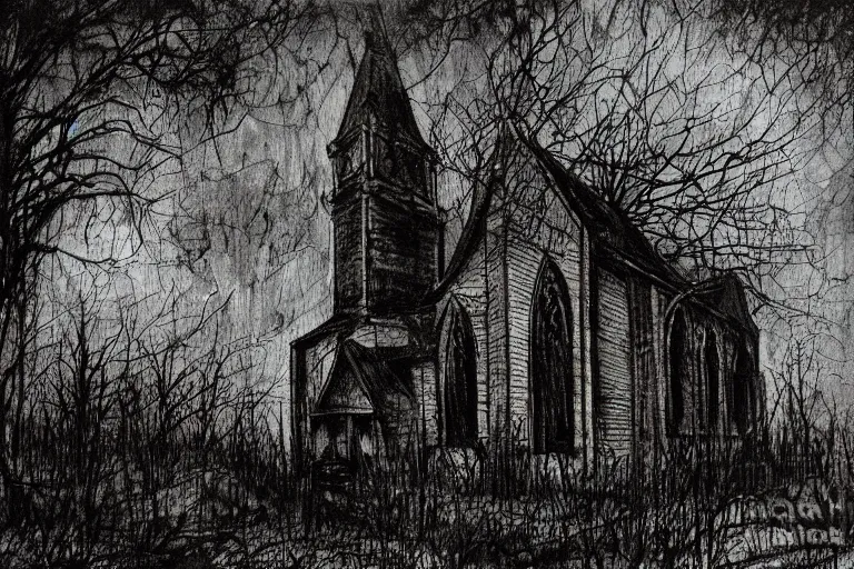 Image similar to mad horror painting of a old church in the woods by ben templesmith