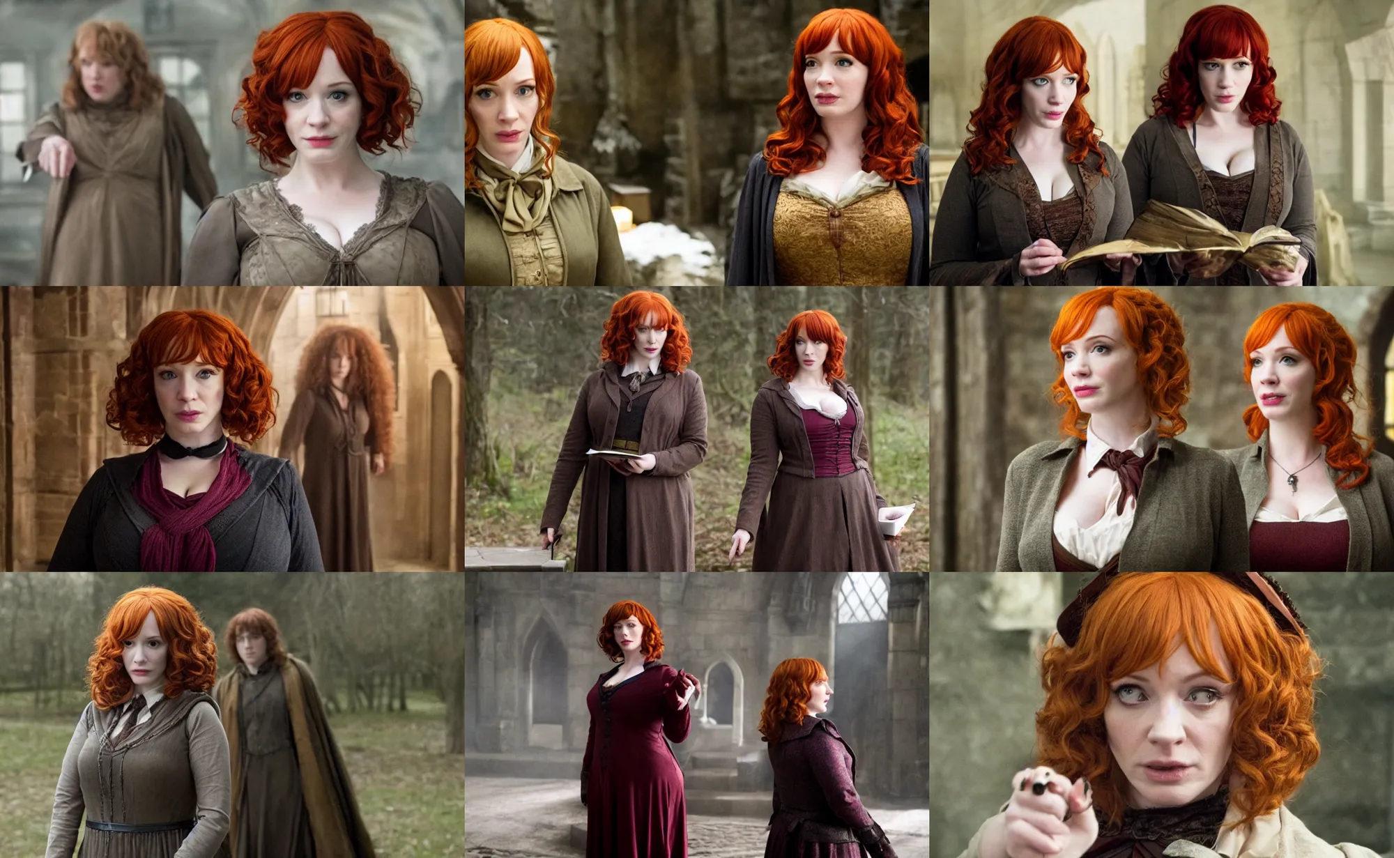 Prompt: movie still of christina hendricks cosplaying as harry potter from the deathly hallows, directed by david yates