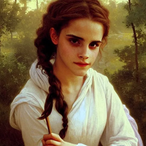 Image similar to painting of emma watson as hermione granger. beautiful. gorgeous. during golden hour. art by william adolphe bouguereau.