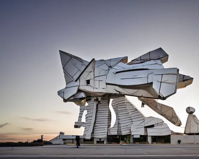 Image similar to photo of minimalist abstract cubist sculpture of curvy spaceship with random small mecha mayan decorations, covered with few large white airplane parts with windows and doors, gigantic size, sunset lighting used as a theater