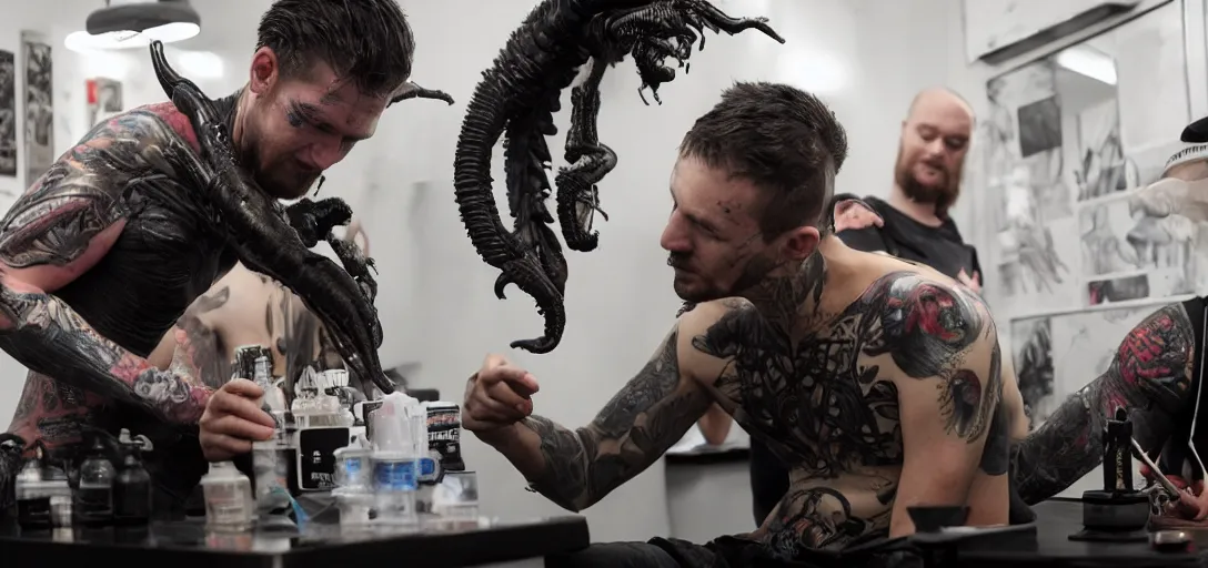 Prompt: Xenomorph XX121 getting a tattoo from Gary Woods in New Plymouth. james gurney, james jean, greg rutkowski, anato finnstark. hyper detailed, 50mm, cinematic indoor lighting volumetric