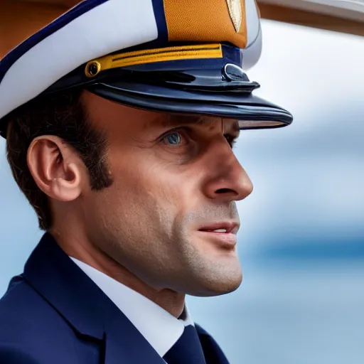 Image similar to Emmanuel Macron on a caravelle ship, dressed like 1500 ship captain, 50mm photography, high quality, 4K