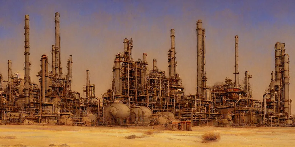 Image similar to detailed cinematic wide shot of oil refinery power plant in the arabian desert, spring light, painting by gaston bussiere, craig mullins, j. c. leyendecker