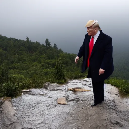 Image similar to donald trump, on top of mountain, rainy day