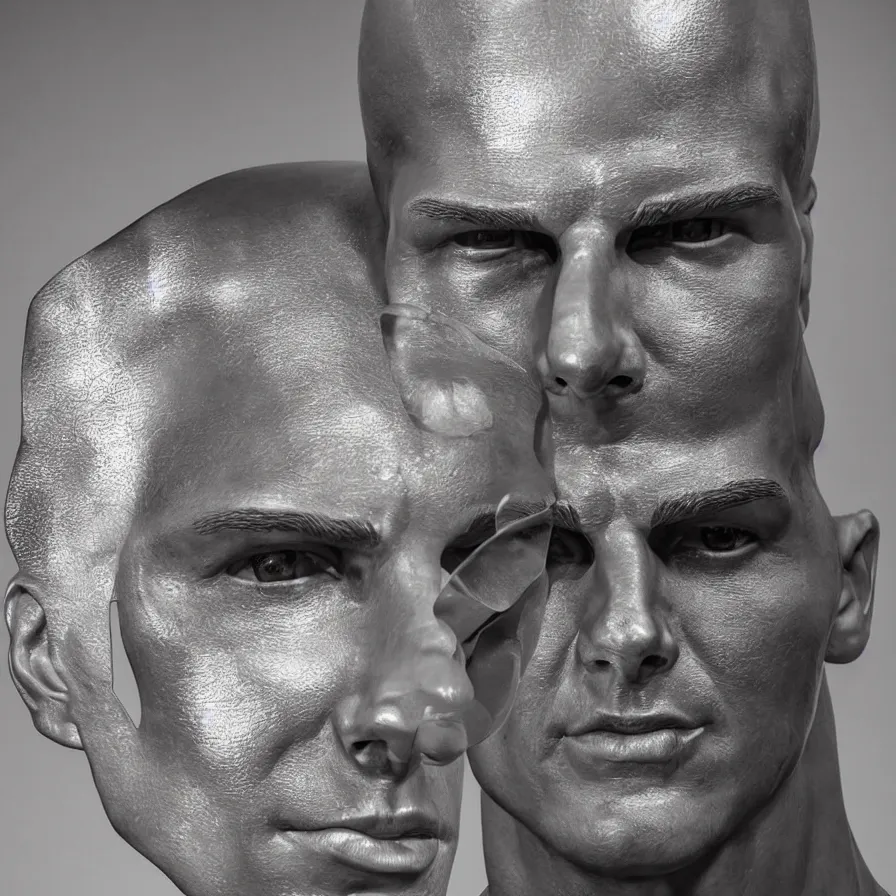 Image similar to studio photograph of hyperrealistic accurate portrait sculpture of tom cruise, beautiful symmetrical!! face accurate face detailed face realistic proportions, made of polished steel plate armor on a pedestal by ron mueck and frank frazzetta, hyperrealism cinematic lighting shocking detail 8 k