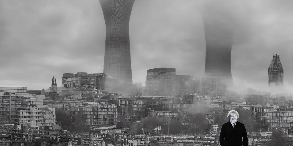 Image similar to a portrait of Boris Johnson standing in front a nuclear landscape of the southbank centre in london, the london eye and big ben are still standing, collapsed brutalist architecture, groups of human figures stagger amongst the ruins, fog, dust atmosphere, brooding clouds, mushroom cloud, detailed, 4k