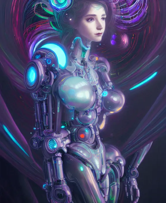 Image similar to whirlwind souls rushing inside metaverse, half body, glowin eyes, tiara, robotic, android, cyborg, cyberpunk face, by loish, d & d, fantasy, intricate, elegant, highly detailed, colorful, vivid color, digital painting, artstation, concept art, art by artgerm and greg rutkowski and alphonse mucha and ruan jia