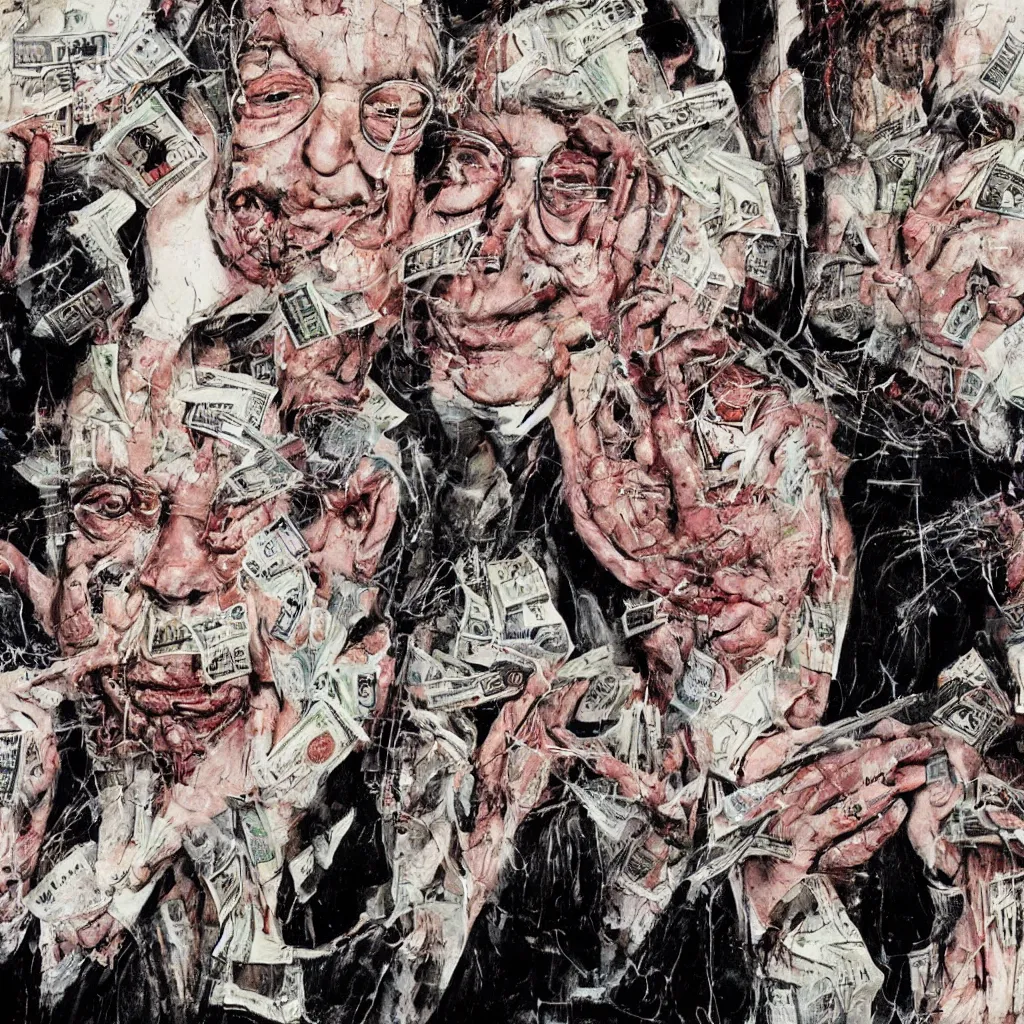 Image similar to George Soros, dollar bills Body horror, biopunk, by Ralph Steadman, Francis Bacon, Hunter S Thompson