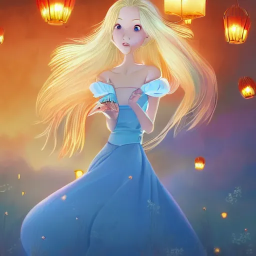 Prompt: a beautiful blonde girl with hair blowing in the wind, in a garden of lanterns and fireflies, children's book illustration in pixar style and anime style with a realistic symmetric face by don bluth, hayao miyazaki of studio ghibli, and ross tran