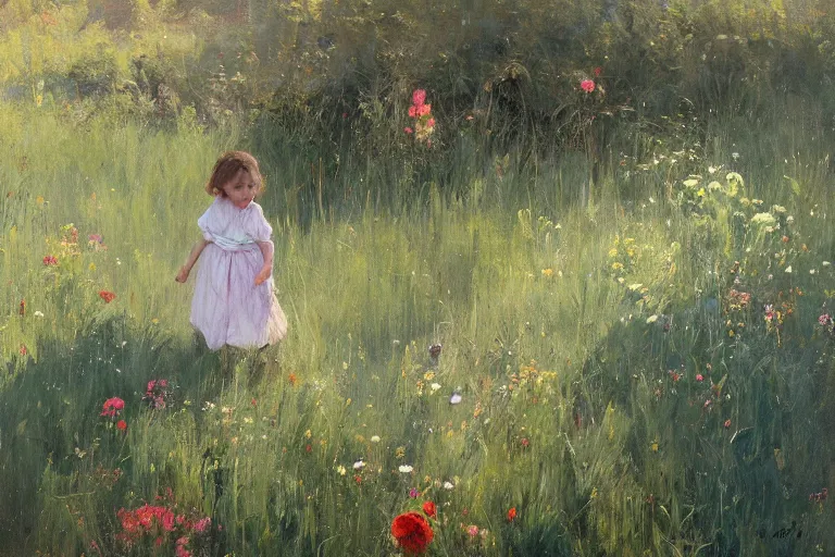 Prompt: little girl in summer dress, plucking wild flowers, sunlight, jeremy lipking, joseph todorovitch