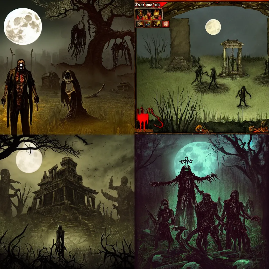 Prompt: A necromancer with his zombie army, in front of a dark temple ruin, in a swamp under the full moon.