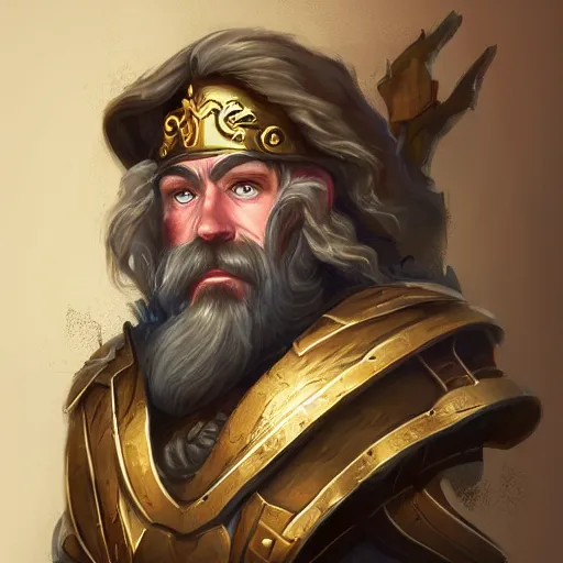 Image similar to portrait, 40 years old :: fantasy dwarf, thin :: beard, brown eyes, short pure white hair :: full plate armor litely golden :: high detail, digital art, RPG, concept art, illustration