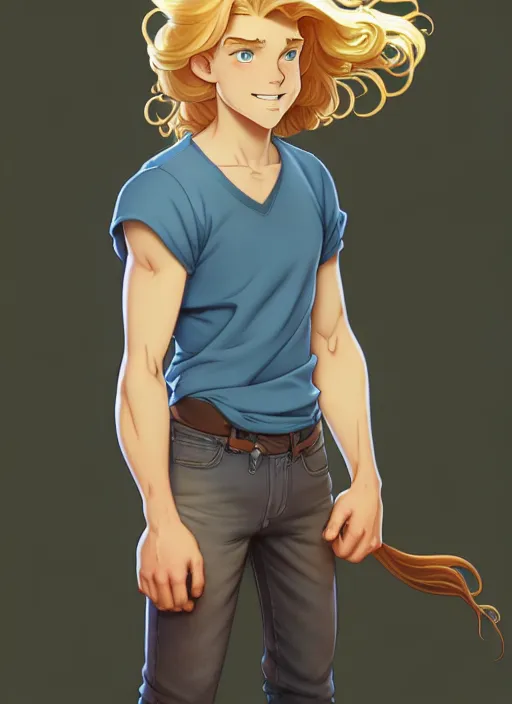 Image similar to young man with medium - length, curly, golden hair, aquamarine eyes, natural lighting, path traced, highly detailed, high quality, cartoon, digital painting, by don bluth and ross tran and studio ghibli and alphonse mucha