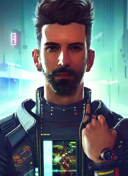 Image similar to portrait of a male submarine officer as a character in Cyberpunk 2077, looking at camera, long hair, intricate, elegant, sci-fi, extremely detailed, digital painting, artstation, concept art, smooth, sharp focus, illustration, ambient lighting, incredible art by artgerm and greg rutkowski and alphonse mucha and simon stalenhag