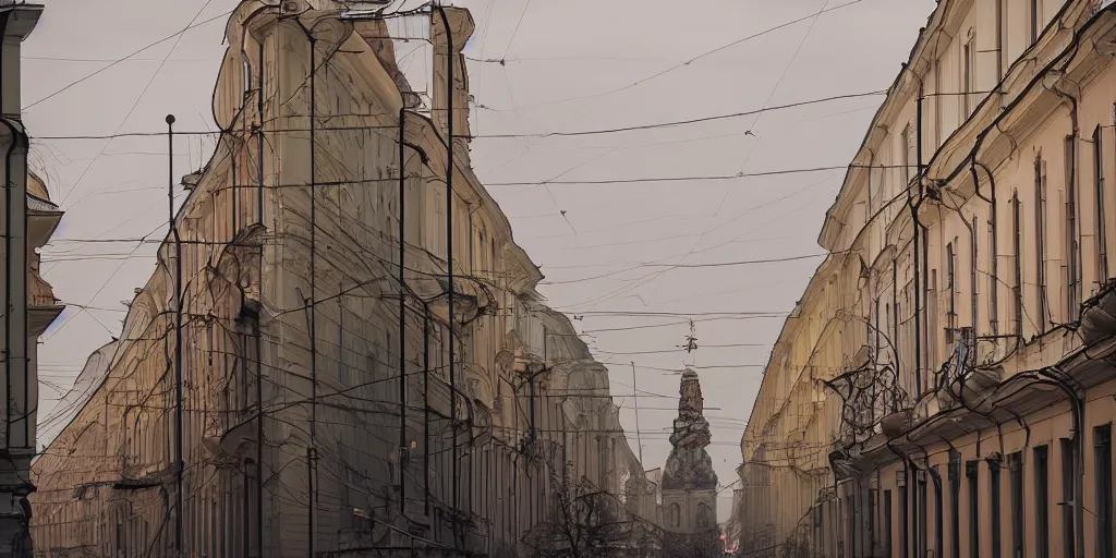 Image similar to cinematic street shot of a flying houses of saint petersburg city, telephoto, anamorphic cinematography, beautiful composition, color theory, leading lines, photorealistic, moody volumetric lighting