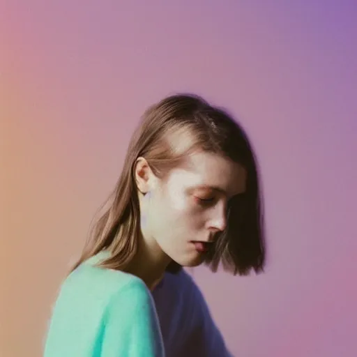 Prompt: A vibrant delicate studio portrait photograph of a beautiful millennial woman by Alessio Albi and Nina Masic, trending on instagram, soft focus, vertical portrait, natural lighting, double exposure, f1.8, 50mm, instax, polaroid color scheme, classic chrome, film grain, light cyan, lavender blush, cinematic lighting