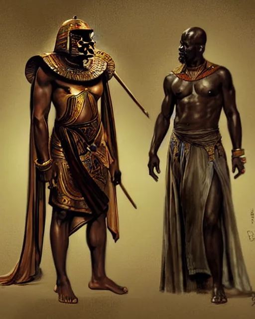 Image similar to concept art by anders zorn and craig mullins depicting djimon hounsou as a tall and very lean temple guard dressed in ancient egyptian decorative armor, flowing robes, harem pants, and leather strapped sandals