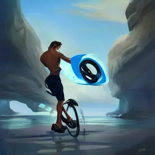 Prompt: concept art of a onewheel xr near sxm lagoon, by aenaluck, artgerm and roberto ferri and greg rutkowski, blue and white tones, digital painting, artstation, concept art, smooth, sharp foccus ilustration hq - h 7 6 8
