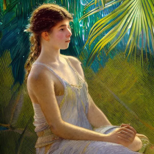 Image similar to a ultradetailed beautiful painting of a girl in the amazonas palace designed by jules bastien - lepage, hans belmer, frank weston and gustave baumann, beach, trending on artstation, mediterranean, palm trees, refracted color sparkles, sharp focus, soft light, 8 k 4 k