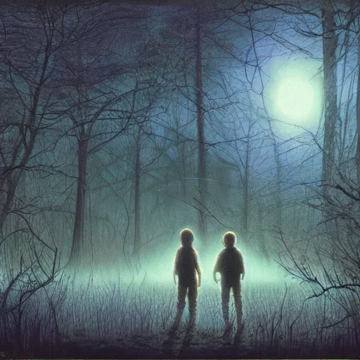 Prompt: stand by me river phoenix looking at a ufo, night time forest with a ufo in the fog, scary, matte detailed photo, DeviantArt, Artstation, by donato giancola, ralph horley, loish, ufo lighting