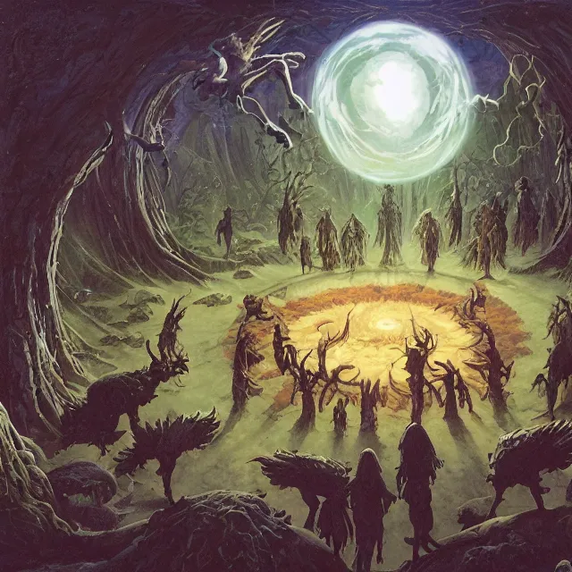 Prompt: a circle of druids conjuring the world into existence by greg rutkowski and frank frazetta and peter mohrbacher and william blake and dan mumford