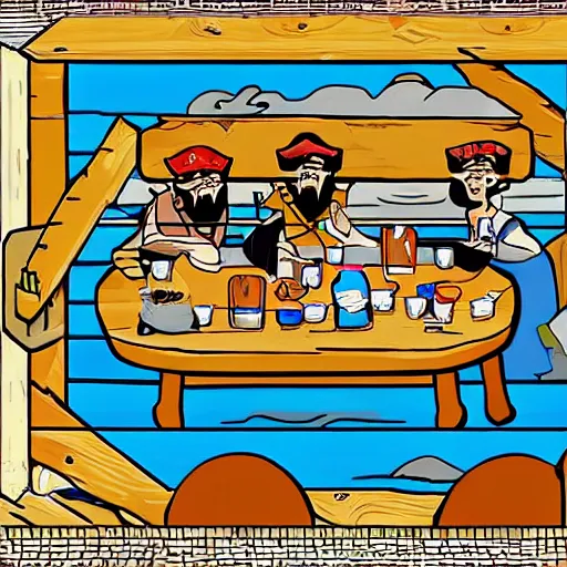 Image similar to Three important pirates drinking grog in a tavern table 16 bit computer art