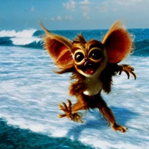 Image similar to gizmo from gremlins running through the surf on a beach