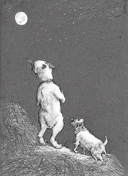 Image similar to candid portrait of jack russel dog looking up barking at the moon, from behind, night sky, highly detailed, illustrated by peggy fortnum and beatrix potter and sir john tenniel