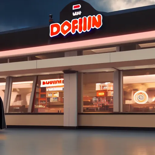 Image similar to darth vador working at dunkin donuts , 8k cinematic lighting, very sharp detail, anatomically correct