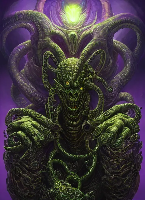 Image similar to dark lovecraft horror machine glowing reptile eyes, purple and yellow metal armor, elegant, highly detailed, centered, digital painting, artstation, concept art, smooth, sharp focus, illustration, artgerm, tomasz alen kopera, peter mohrbacher, donato giancola, joseph christian leyendecker, wlop, frank frazetta