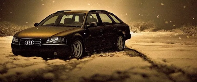 Image similar to Audi A4 B6 Avant (2002), a gritty neo-noir, dramatic lighting, cinematic, eerie person silhouette, death, homicide, homicide in the snow, gunshots, establishing shot, extremely high detail, photorealistic, cinematic lighting, artstation, by simon stalenhag, Max Payne (PC) (2001) winter New York at night, In the style of Max Payne 2 graphic novel, flashing lights, Poets of the Fall - Late Goodbye