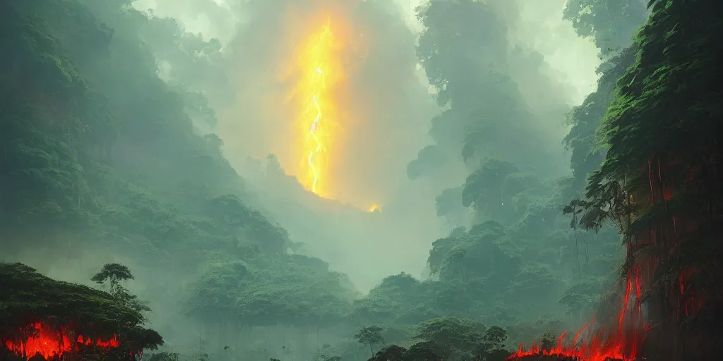 Prompt: A river of lava flowing through the lush amazon jungle, anato finnstark, greg rutkowski, john howe, artstation, dramatic