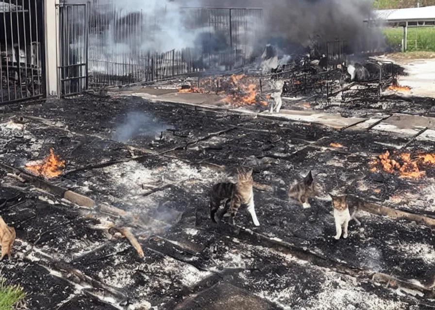 Image similar to a animal adoption center set on fire by an explosion, cats outside of the shelter