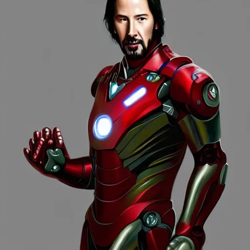 Prompt: Portrait of Keanu Reeves in the Ironman suit, elegant, digital painting, highly detailed, fantasy, artstation, concept art, smooth, sharp focus, illustration, art by artgerm and greg rutkowski and alphonse mucha