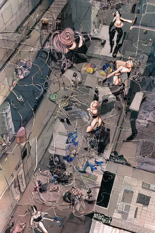 Image similar to a hyper-detailed cyberpunk magazine cover illustration of a group of four female androids' body pieces with cables and wires coming out, lying scattered over an empty floor, by masamune shirow and katsuhiro otomo, seen from above, japan 1980s