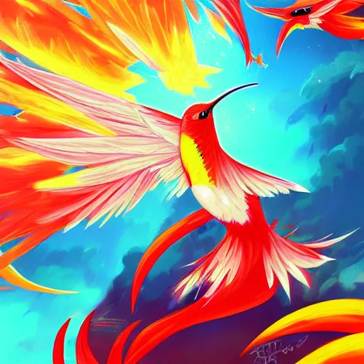 Prompt: anime painting frantic cute hummingbird phoenix phoenix phoenix zipping around, wanting to explore and investigate everything. it\'s curiosity is unbounded and insatiable, digital art, trending on artstation, stylized, colorful feathers, anime art by Kuvshinov Ilya, lariennechan, Aokamei