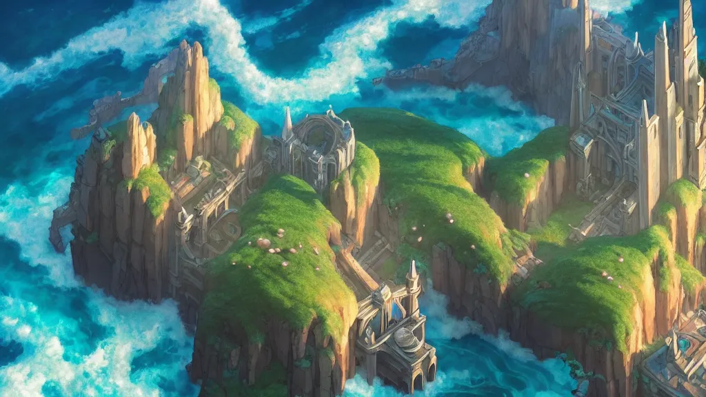 Image similar to atlantis, studio ghibli, pixar and disney animation, sharp, rendered in unreal engine 5, highly detailed, digital painting, artstation, concept art, smooth, sharp focus, illustration, wide angle, artbook, wallpaper, splash art, promo art, dramatic lighting, art by artgerm and greg rutkowski and bo chen and jin xiaodi