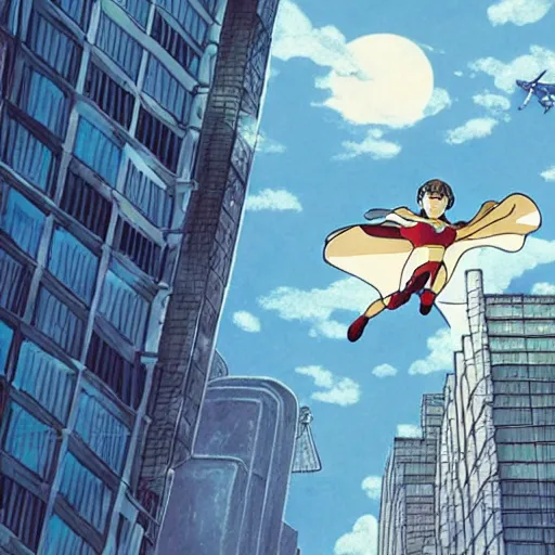 Prompt: illustration of a super hero flying over an advanced sci-fi building, studio ghibli, ultra hd