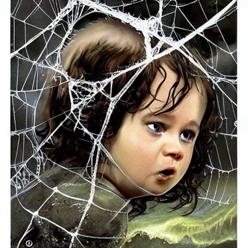 Image similar to Lord of the rings spider eating a human baby in its web realistic painting ultra detailed horror UHD 4k