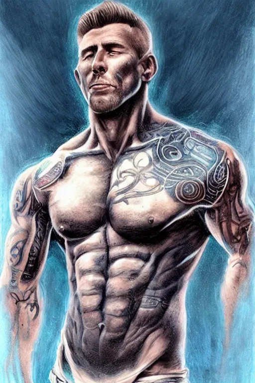 Image similar to Portrait of frontal standing pose torso of a very attractive muscular man in old blue jeans. Heavily all his skin is covered by Mayan BIKER tattoos, surrounded by magic lightings overlays, Intricate, concept art, magic lighting overlays, magical portal opened, D&D!, fantasy style, sharp focus!, ultra detailed, art by Artgerm and Peter Andrew Jones, WLUP, Magali Villeneuve