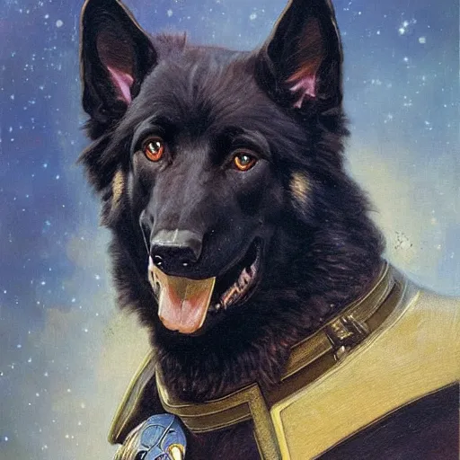 Image similar to a portrait of a man depicted as a black german shepherd dogman canine, star trek the next generation. highly detailed painting by gaston bussiere, craig mullins, j. c. leyendecker