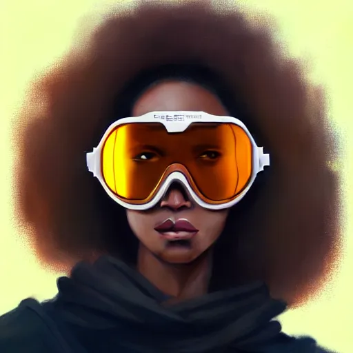 Image similar to beautiful woman wearing opaque reflective goggles profile picture by greg rutkowski, brown skin, long afro hair, asymmetrical, futuristic, cool colors, streetwear, studio ghibli, organic painting, matte painting, geometric shapes, hard edges, street art, trending on the artstation, fantasy lut, realistic by sachin teng,