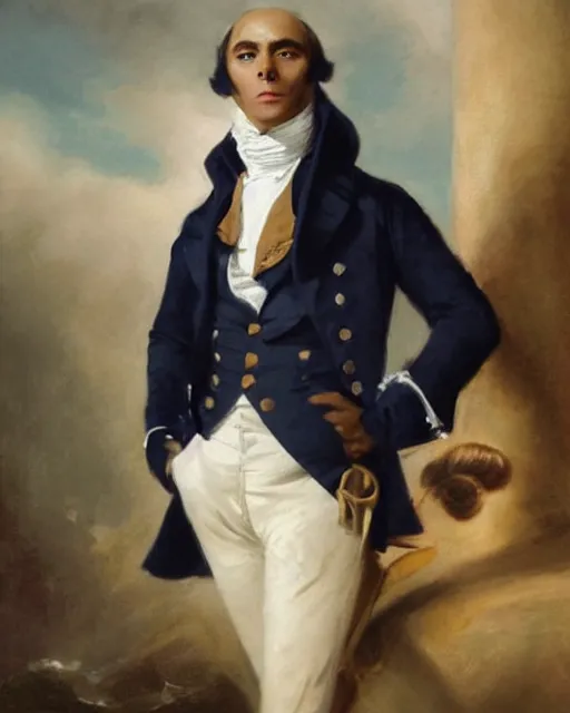 Image similar to cute brown burmese cat with serious expression wearing regency era menswear in navy and white, thomas lawrence, greg rutkowski