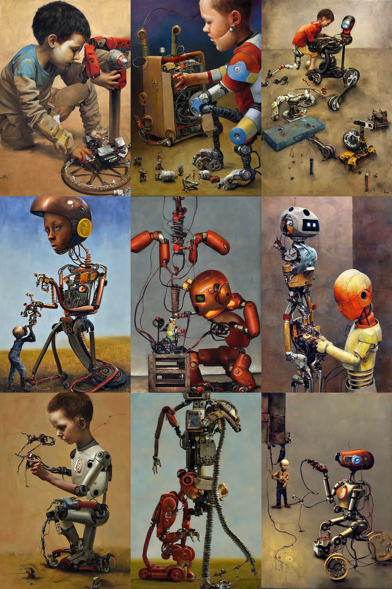 Prompt: a boy fixing his robot, part by Esao Andrews, oil on canvas