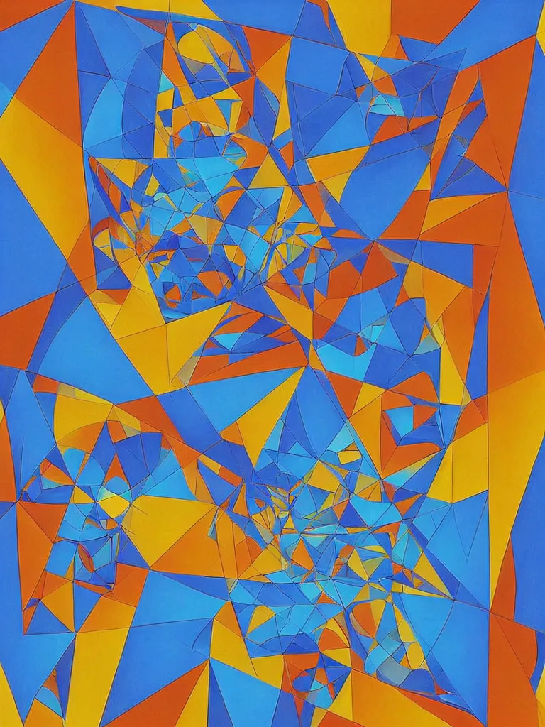 Prompt: a high detail painting of a 4D object, blue, cyan, yellow, orange, sacred geometry, 3D, modern cubism, fractal, mc escher pattern art by james jean, victor vasarely