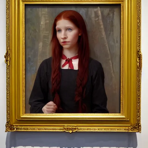 Prompt: Portrait of Ginny Weasley, relaxed pose, art by lou benesch and gillian wearing and Bouguereau, gilded frame on gallery wall